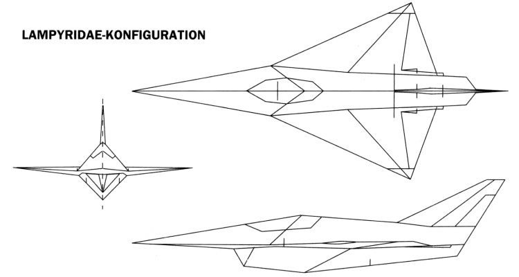 MBB Lampyridae transsonic stealth fighter 3 view Firefly MRMF low observable german project
